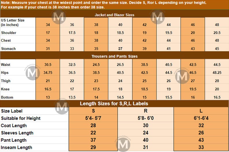 May include: A size chart for jackets, blazers, trousers, and pants, with measurements in inches. Includes US letter sizes, shoulder, chest, stomach, waist, hips, thigh, knee, and bottom measurements. Also shows length sizes.