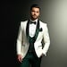 White and Green Tuxedo | Emerald Three Piece Formal Suit with Contrast Vest and Pants | Stylish Wedding Attire & Party Wear for Men