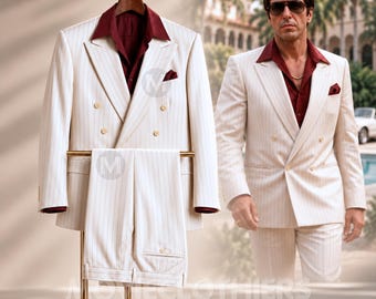 Tony Montana Scarface Suit | Al Pacino White and Red Contrast Set | Pinstripe Double Breast Gangster Outfit | Mobster 1980 Mafia Fashion Set