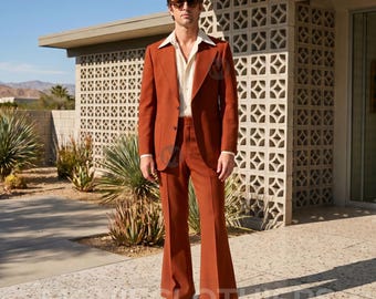 Men Retro 1970s Rust Burnt Orange Suit | Terracotta Flared Pants & Wide Lapel Blazer | Vintage Style Disco Dance Theme Party Bell Bottom Set