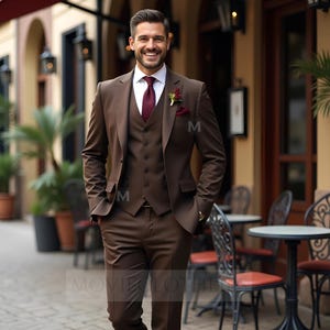 Op de afbeelding: Een driedelig bruin pak met een wit overhemd en bordeauxrode stropdas. Het pak bestaat uit een jasje, vest en broek. Een bordeauxrood pochet en reversbloem voegen kleur toe. Het pak wordt buiten gedragen.