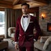 Fashionable Burgundy Tuxedo with White Lapels – Modern Groom Wedding Suit, Prom Outfit & Stylish Formal Wear for Parties and Receptions
