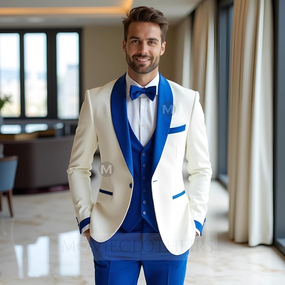 Designer Royal Blue & White Tuxedo | White Shawl Lapel Blazer with Blue Waistcoat and Pants | Formal Wedding Prom Suit for Men