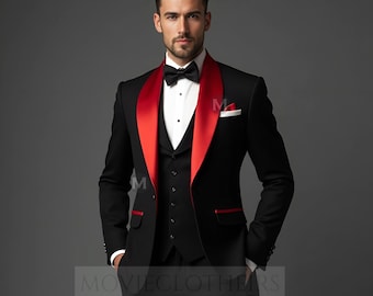 Mens Black Tuxedo with Red Satin Shawl Lapel | Designer Slim Fit Formal Dinner Jacket & Pants Set | Stylish Wedding and Prom Attire