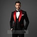 Mens Black Tuxedo with Red Satin Shawl Lapel | Designer Slim Fit Formal Dinner Jacket & Pants Set | Stylish Wedding and Prom Attire