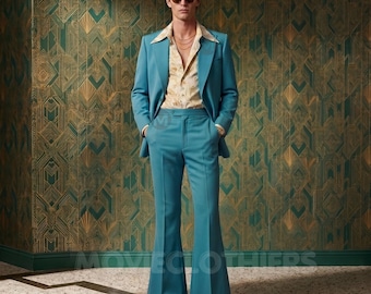 1970s Style Teal Blue Men's Suit – Vintage Bell Bottom Flared Leg Pants Set | Retro Disco Wedding, Prom, Gala, Cocktail & Studio 54 Outfit