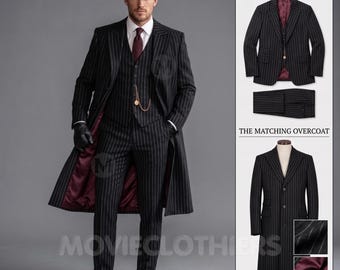 Peaky Blinders Complete Outfit | Black Pinstripe 3 Piece Suit & Overcoat | Flat Cap, Shirt Tie | 1920s Gangster Costume Shelby Vintage Style