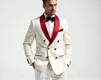 White Double-Breasted Tuxedo with Red Shawl Lapel | Designer Trendy Dinner Jacket for Prom, Weddings & Formal Events | Bold Men&#39;s Outfit
