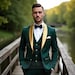 Elegant Green 3 Piece Tuxedo | Gold Lapel Dark Emerald Suit for Groom, Formal Events Weddings | Stylish Fashion Attire For Prom & Parties