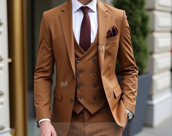 Dapper Camel Brown 3 Piece Suit | Double Breasted Waistcoat Formal Set – Stylish Wedding Guest Outfit and Modern Business Attire