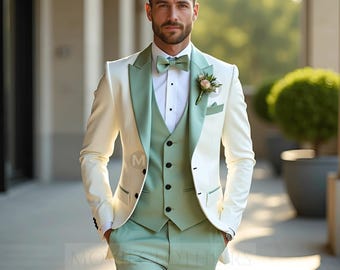 Luxurious White and Light Green Suit – Handmade Designer 3 Piece Tuxedo | Sage Green Wedding Groom Outfit, Prom Party Wear, Anniversary Gift