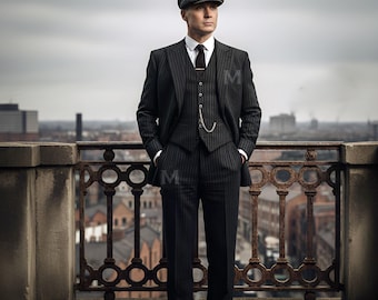 Peaky Blinders Black Pinstripe Suit – Vest & Trousers Set For Brandi Monday