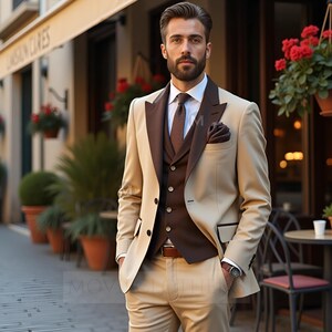 May include: A tan three-piece suit with a dark brown lapel and waistcoat. The suit includes a matching tie and pocket square. The man is wearing a brown belt and a watch. The background shows a street scene with red flowers.