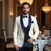 Groom Dark Blue and White Tuxedo – Elegant Shawl Lapel White Jacket with Navy Waistcoat and Pants – Custom Fit Designer Contrast Groom Suit