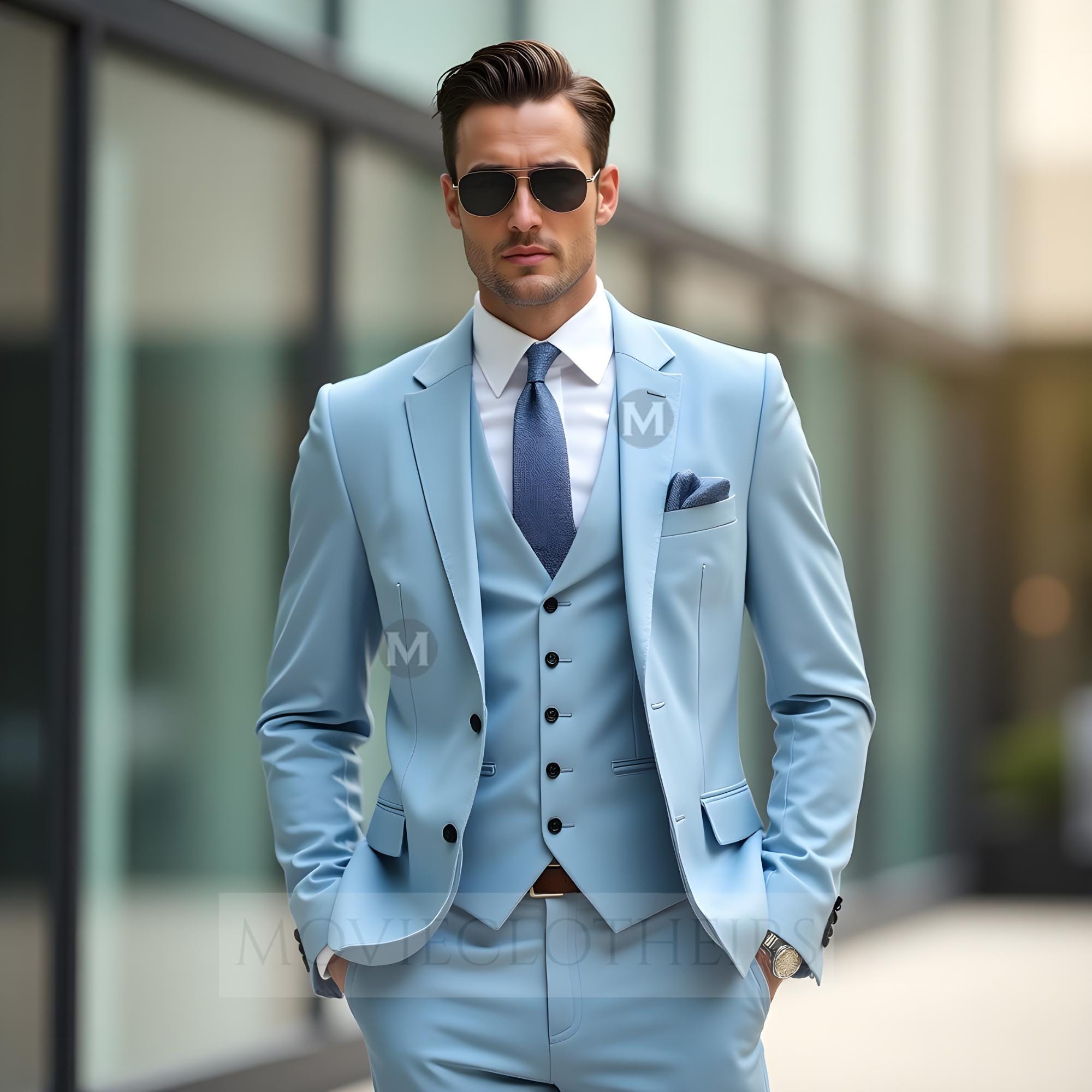 Mens Sky Blue 3 Piece Business Suit Modern Slim Fit Formal Wear with Vest Elegant Office