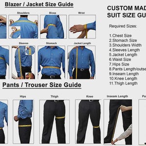 May include: A size guide for custom-made suits, showing how to measure for a blazer/jacket and pants/trousers. The guide includes measurements for chest, waist, hips, and other key areas. Text on the image includes "Custom Made Suit Size Guide."
