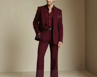 May include: A burgundy suit consisting of a blazer, dress shirt, and flared trousers. The blazer has a two-button closure and a notched lapel. The dress shirt is buttoned at the collar. A black belt is worn with the trousers.