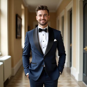 Peut inclure: Un smoking bleu marine avec un revers en satin noir, une chemise blanche et un nœud papillon noir. Le costume a une pochette et est porté par une personne dans un couloir. La personne sourit.
