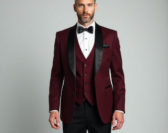 Bespoke Maroon Burgundy Tuxedo | Groom Slim Fit Wedding Coat - Elegant Men Prom Dinner Attire | Luxury Evening Party Outfit Clothing