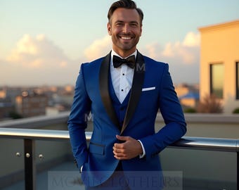 Esmoquin azul rey de tres piezas / Traje de boda formal entallado con solapa chal negra / Traje de 3 piezas para ocasiones de aniversario, función y graduación