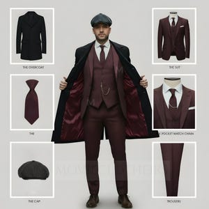 May include: A burgundy pinstripe suit, waistcoat, and tie, worn with a black overcoat and a grey cap. The suit features a pocket watch chain. Separate images display the overcoat, tie, cap, suit, and trousers. The image text reads "THE OVERCOAT", "THE SUIT", "THE POCKET WATCH CHAIN", "TROUSERS", "THE CAP", and "THE".