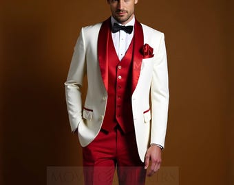 May include: A three-piece ivory suit with a red satin lapel, vest, and trousers. The suit includes a black bow tie and a red pocket square. The jacket has a two-button closure and red trim on the pockets.