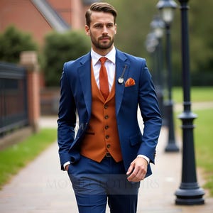navy suit rust tie