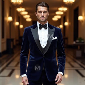May include: A man wearing a dark blue velvet tuxedo jacket with a black satin lapel, a white dress shirt, a black bow tie, and a white pocket square. The jacket has a single button closure and a slim fit.