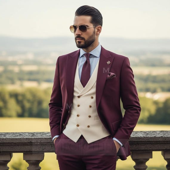 Elegant Deep Maroon Groom Suit Burgundy 3-piece Wedding Outfit With Cream Vest | Stylish Men's Formalwear for Wedding Ceremony, Prom Party - Etsy Elegant Deep Maroon Groom Suit Burgundy 3-piece Wedding Outfit With Cream Vest | Stylish Men's Formalwear for Wedding Ceremony, Prom Party - Etsy