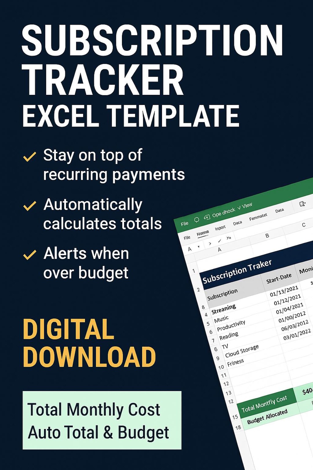 Subscription Tracker Excel Template Monthly Budget Planner | Auto Total ...