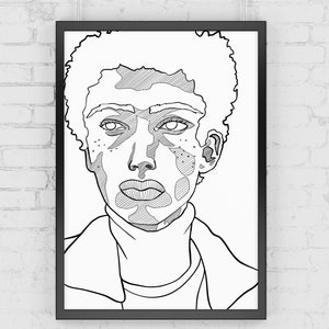 May include: Black and white line drawing of a person with short, curly hair. The person is wearing a turtleneck sweater and has a serious expression.