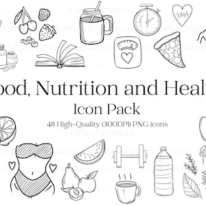 Lebensmittel, Ernährung und Gesundheit Icon Pack | Hochwertige, handgezeichnete, minimalistische Grafiken | Wellness, Workout, Fitness, Medizin, Lifestyle | PNG