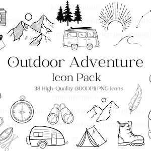 Outdoor Adventure Icon Pack | High-Quality, Hand-Drawn, Minimalist Graphics | Wilderness, Camping, Wildlife, Road Trip, Travel, Nature | PNG