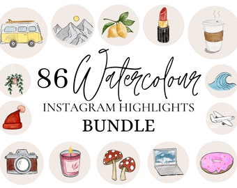 Watercolour Instagram Highlight Cover BUNDLE | 88 Hand-Drawn Icons | Influencer, Lifestyle, Travel, Botanical, Food, Nutrition, Fitness, Fun