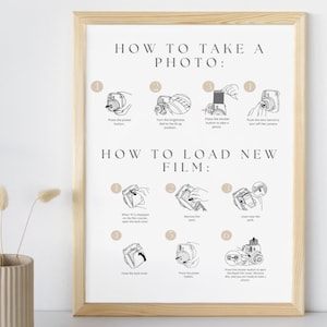 May include: A black and white illustrated guide on how to take a photo and load new film into a camera. The guide includes numbered steps with illustrations of each step.