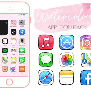 May include: Watercolor app icon pack with a variety of icons, including music, Apple, Instagram, messages, compass, and Facebook. The icons are painted in a watercolor style with a pink background.