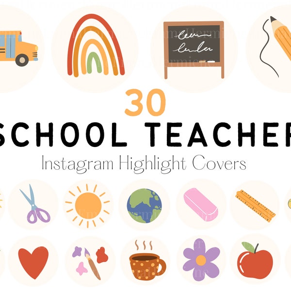 School Teacher Instagram Highlight Covers | 30 Simple Colourful Boho Education Icons | Teachers, Principals, Librarians, Students, Classes
