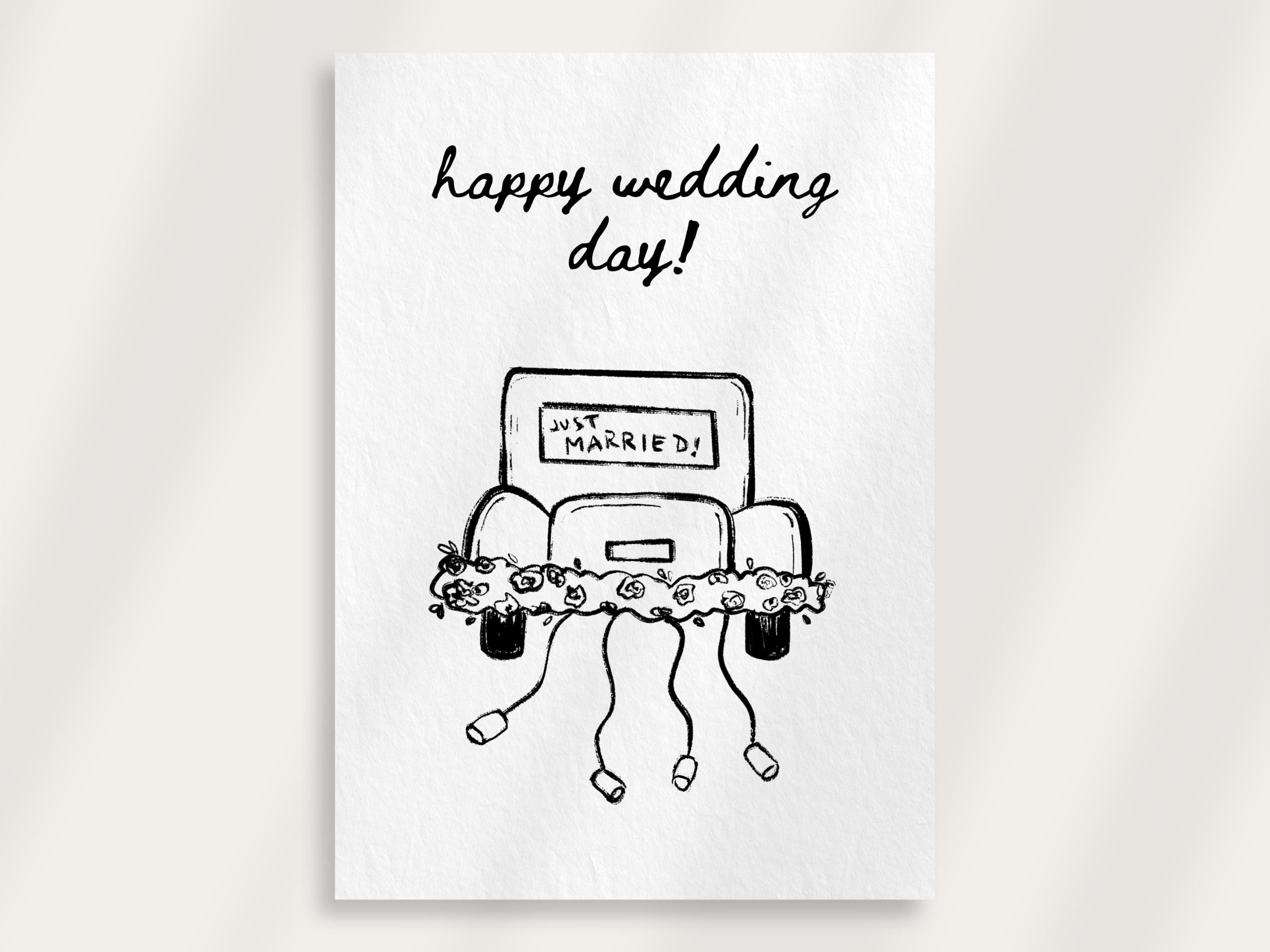 Happy Wedding Day Printable Card | Hand-Drawn Wedding Card, Black and White Wedding Card, Minimalist Wedding Card, Instant Digital Download