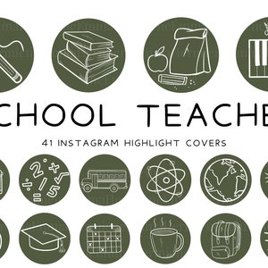 May include: Set of 41 green circle Instagram highlight covers with white outlines. The covers feature various school-themed illustrations, including a pencil, books, a lunch bag, a keyboard, a camera, maths equations, a school bus, an atom, a globe, a computer monitor, an apple, a graduation cap, a calendar, a coffee mug, a backpack, and a heart.