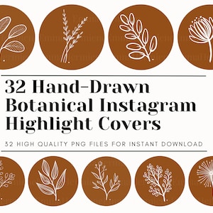 May include: Set of 32 hand-drawn botanical Instagram highlight covers. Each cover features a different white line drawing of a leaf or flower on a brown background.