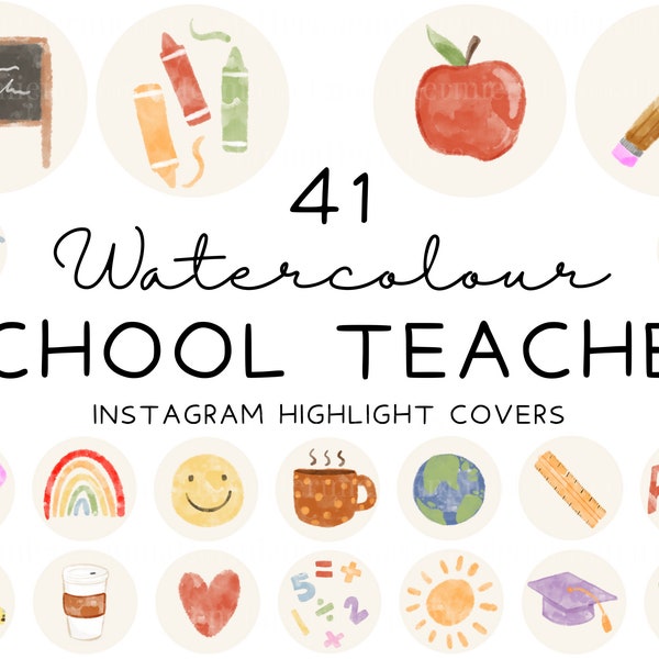 Illustrazioni di Instagram per insegnanti di scuola ad acquerello / 41 icone educative colorate e semplici felici / Insegnanti, presidi, studenti, classi