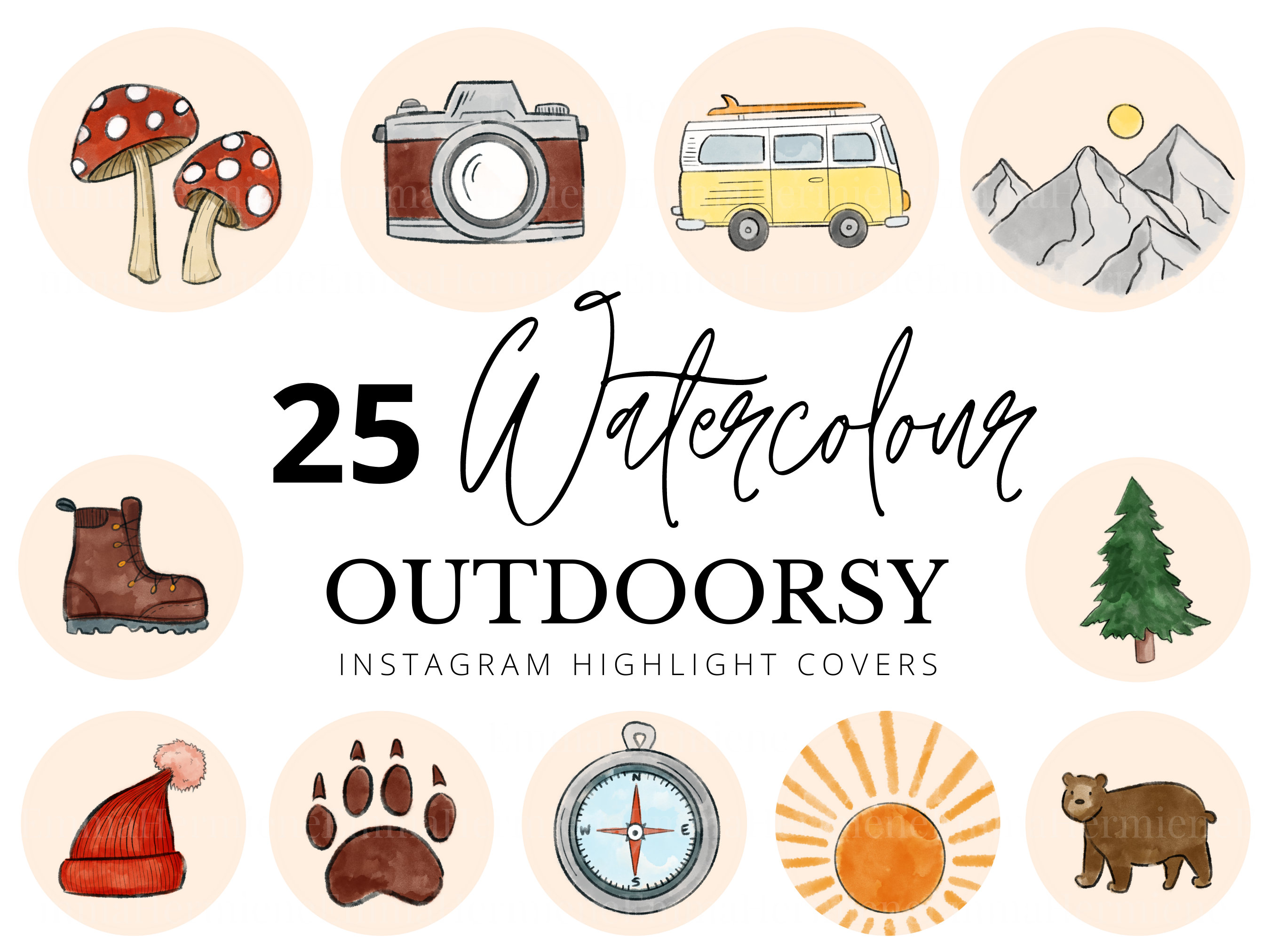 Acuarela Outdoor Instagram Highlight Covers / Estética minimalista / Iconos de redes sociales / Camping, Aventura, Viajes, Senderismo, RV, Montañas