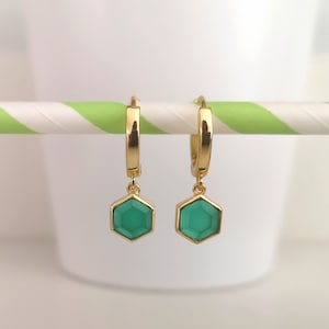 925 Silver Green Hexagon Jewel Hoop Earrings, Geometric Gemstone Green Onyx Huggie Hoop Earrings, Gold Plating (Vermeil), Gifts For Her