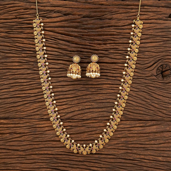 Gold Filled Matt Finish Necklace With Earrings antique Coin