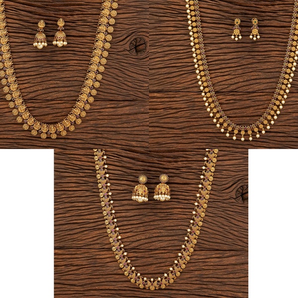 Gold Filled Matt Finish Necklace With Earrings,Antique Coin Goddess Lakshmi Mala Set,Temple Jewellery,AshtaLakshmi Haram,Jhumkis,RubyEmerald