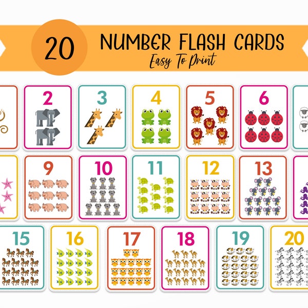 Numbers Flash Cards, Preschool Counting Flash Cards, Count and Clip, Number Cards 1-20, Montessori Flash Cards, Instant Download