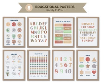 Set Of 8 Educational Posters, Homeschool Prints, Montessori Classroom Decor, Neutral Kids Learning Decor, Toddler Playroom, Digital File