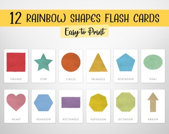 12 Rainbow Shapes Flash Cards, Preschool Materials, Homeschool Printables, Montessori Materials, Geometric Flash Cards, DIGITAL DOWNLOAD