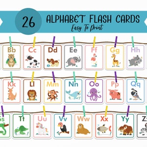 26 Printable Animal Alphabet Flash Cards, Classroom Decor, Toddlers Preschool Early Learning Resource, Nursery Decor, Digital Download