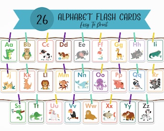 26 Printable Animal Alphabet Flash Cards, Classroom Decor, Toddlers Preschool Early Learning Resource, Nursery Decor, Digital Download